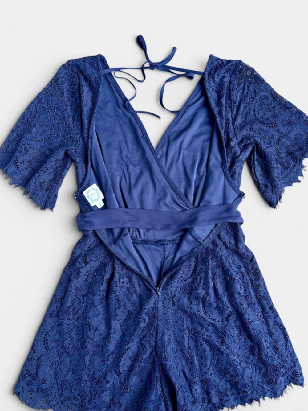 Blue Rain Navy Blue Lace Romper Wrap Front Tie Waist Flutter Sleeve Size Small - Picture 9 of 16
